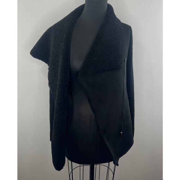 BlankNYC Black Knit Shawl Collar Faux Suede Asymmetric Swewater Jacket M Medium - Picture 3 of 9